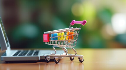 Toy shopping cart with on light blue background, copy space ,Shopping trolley 