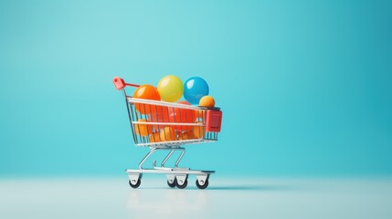 Toy shopping cart with on light blue background, copy space ,Shopping trolley  - obrazy, fototapety, plakaty