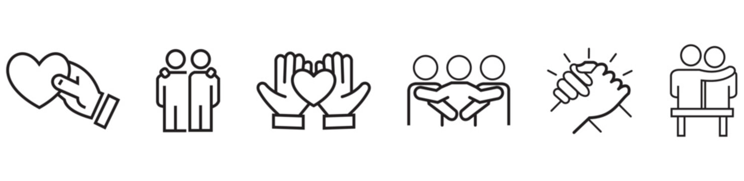 Friendship, partnership, embracing and togetherness vector thin line icon set