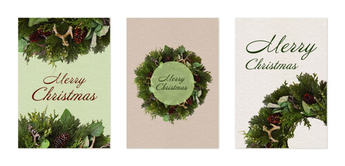 Christmas cards with watercolor branch and wreath 