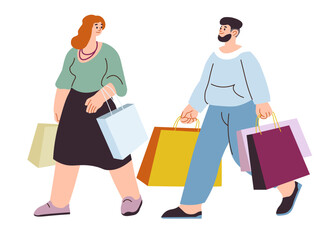 Man and woman, couple shopping walking with bags