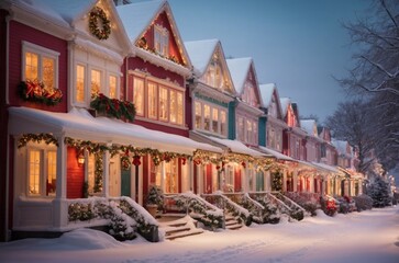 Snowy Evening on a Festively Decorated Townhouse Street