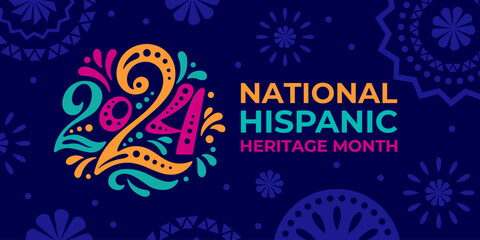 Hispanic heritage month 2024. Vector web banner, poster, card for social media, networks. Greeting with national Hispanic heritage month text, ornament on blue background. Logo 2024. - obrazy, fototapety, plakaty