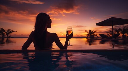 Woman watching the sunset with a cocktail in an infinity pool, showcasing luxury lifestyle, vacation, resort, wealth, and opulence - obrazy, fototapety, plakaty