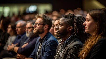 Obraz premium Candid shot of engaged conference attendees attentively listening to captivating speaker