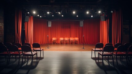 Empty stage of a comedy club with open mic, waiting for performers, chairs setup for audience, theatre atmosphere reigns