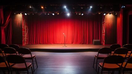 Empty stage of a comedy club with open mic, waiting for performers, chairs setup for audience, theatre atmosphere reigns