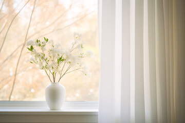 A window with sheer white curtains gently billowing in the spring breeze, maintain a soft and muted color scheme to convey a sense of tranquility and simplicity.