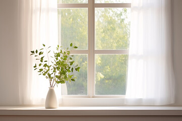 A window with sheer white curtains gently billowing in the spring breeze, maintain a soft and muted color scheme to convey a sense of tranquility and simplicity. - Powered by Adobe