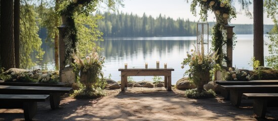 Ideal location for religious ceremonies or weddings in Finland: a lakeside altar surrounded by a forest. - obrazy, fototapety, plakaty