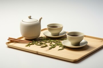Asian tea concept, white cups of tea, teapot, tea set