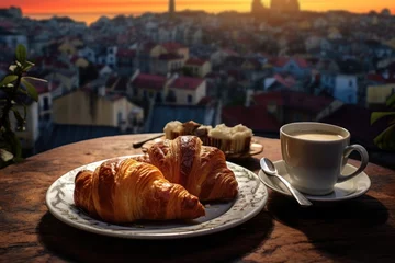 Tuinposter Breakfast food croissant in plate and coffee © kardaska