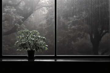 Rainy Day Reflection: Capture the reflection of a rainy spring day on a window with minimalistic architecture in the background. 