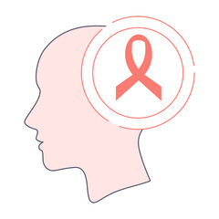 Peach awareness ribbon icon. Female head in side view. Uterine cancer bow emblem. Medical vector illustration.