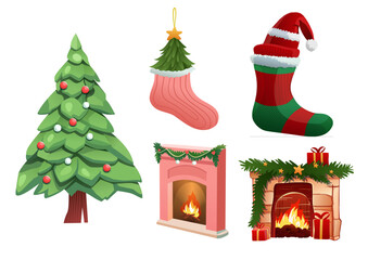 Christmas socks and fireplace, Santa Claus with Christmas decorations, decorations, vector set, Christmas decorations, Decorated for New Year's festival, Decorate for celebrations.