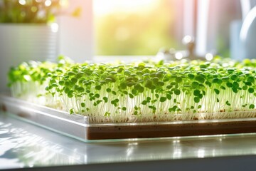 Growing microgreen sprouts from seeds with natural light, fresh vegan healthy food.