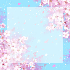 桜と青空の背景素材　枠　桜吹雪　お花見　入学　卒業　入園　卒園　入社　ひな祭り　雛祭り　正方形