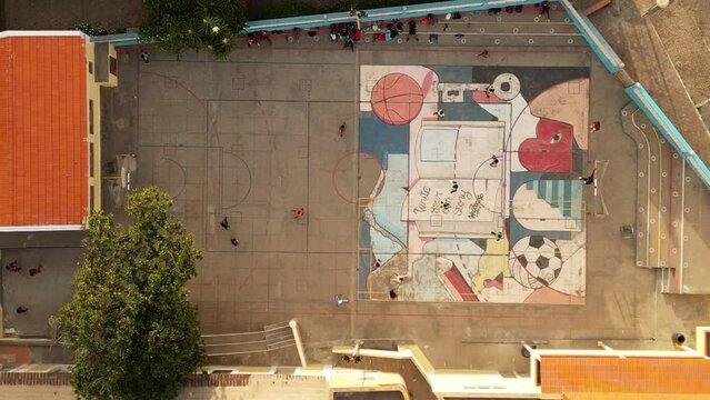 Children Playing Soccer at School in Cape Verde,  Africa - Bird's Eye View