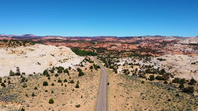 single white car driving towards camera in Utah desert landscape, sunny mountain highway route in USA