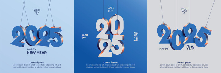 Happy new year 2025 square template with 3D blue hanging number. Greeting concept for 2025 new year celebration
