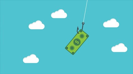 A paper banknote hanging on a hook, online scam, phishing activity