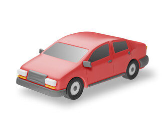 3D Red Car Vintage Model Isolated. Render Bright Realistic Car. Classic Sedan Motor Vehicle. Plastic Toy Auto. Advertising For Driving School Carsharing and Repair Service. Cartoon Vector Illustration