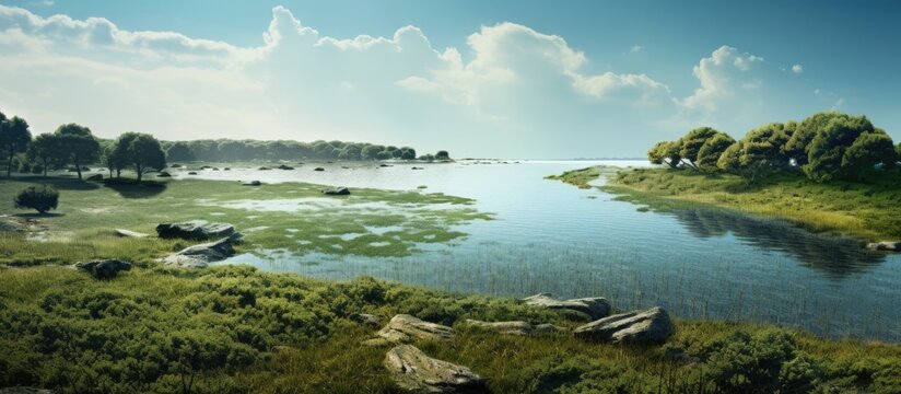 Coastal water bodies and vegetation.