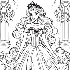 Fototapeta premium cute cartoon princess drawing for coloring hand drawn illustration