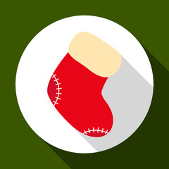 Christmas sock icon on green background with long shadow. illustration for Christmas and New Year greeting card. Flat design style.