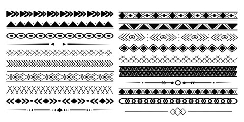 Set tribal ethnic arrow dividers, native indian bow boho in doodle style isolated on white background. Collection borders, decoration elements - obrazy, fototapety, plakaty