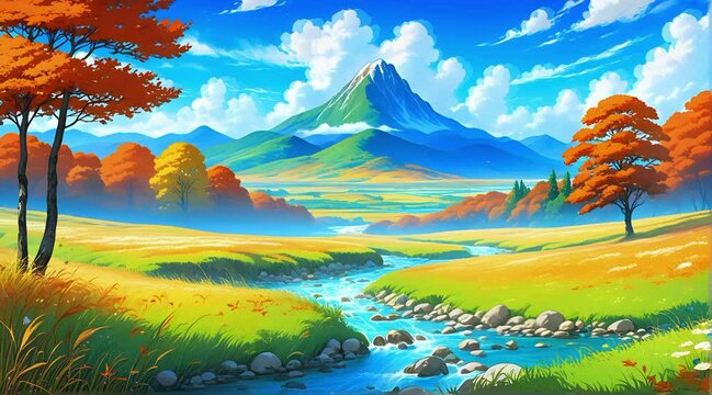 Natural landscape with river and mountains footage animation