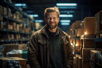 Man standing amidst collection of boxes in warehouse. Perfect for illustrating logistics, storage, or inventory management.