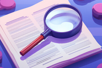 Magnifying glass placed on top of book. Ideal for illustrating concept of research, knowledge, and investigation.