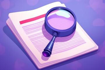 Magnifying glass placed on top of open book. Suitable for educational, research, or detective-themed projects.