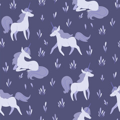 Seamless pattern magical purple unicorns in forest