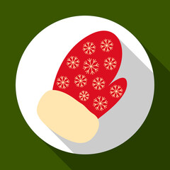 Christmas mitten icon on green background with long shadow. illustration for Christmas and New Year greeting card. Flat design style.
