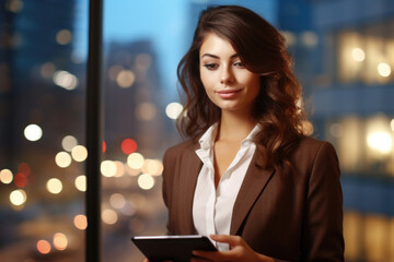 Professional woman dressed in business suit holding tablet computer. Ideal for business presentations and technology concepts.