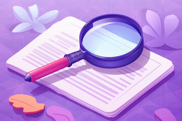 Magnifying glass placed on top of book. Research, knowledge, investigation, or reading-related concepts