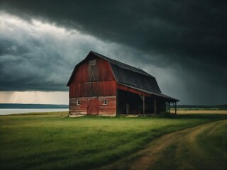 Obraz premium Sad barn near lake Generative AI