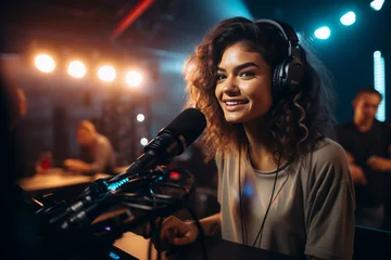 Fototapeten a young female social media influencer or video and photo media content creator sitting in front of the microphone in a recording studio preparing a podcast or editing a video material © Romana