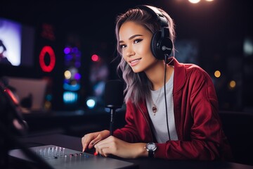 a young female social media influencer or video and photo media content creator sitting in front of the microphone in a recording studio preparing a podcast or editing a video material