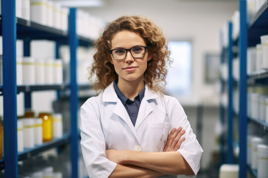 Woman wearing lab coat standing in front of shelves. This image can be used to illustrate scientist or researcher in laboratory setting.