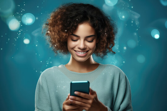 Woman is smiling as she looks at her cell phone. This image can be used to depict happiness, communication, or technology.