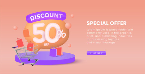 Discount 50 pencent shopping cart purple and orange pink color website banner