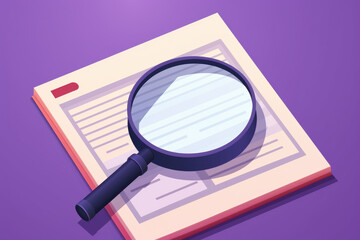 Magnifying glass placed on top of piece of paper. Suitable for investigations, research, and detective themes.
