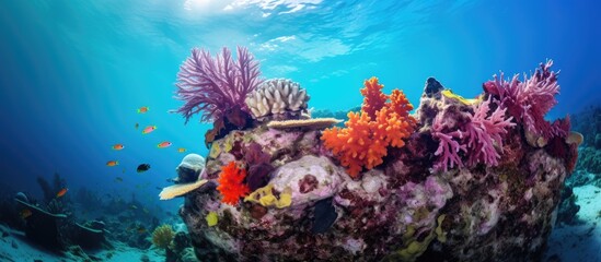 Fototapeta na wymiar Colorful coral on pinnacle rock in the Andaman Sea. Vibrant underwater scenery at Racha Noi island in Phuket, Thailand.