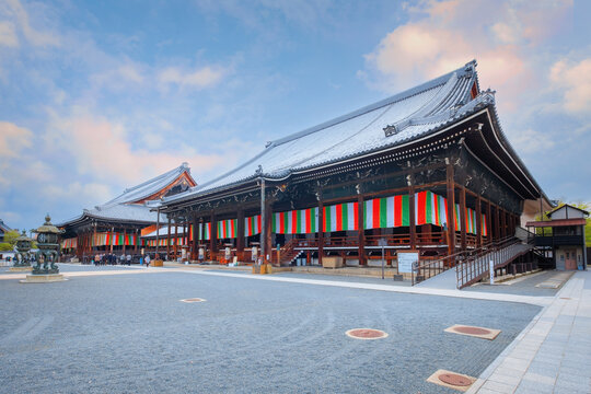 Kyoto, Japan - April 6 2023: Nishi Hongan-ji is one of two Jodo Shinshu temple complexes in Kyoto. Established 1591, many of its buildings have survived from wars in the Sengoku period