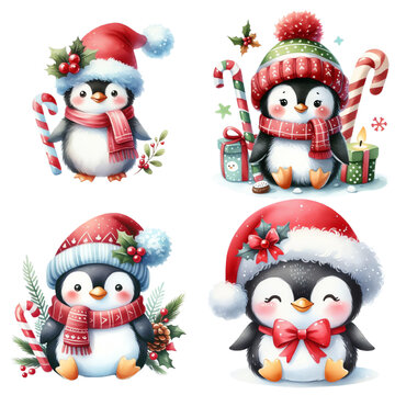 Cute Christmas penguin mascot. Happy penguins characters celebrate New Year, decorate xmas tree and give gifts. Winter holidays vector illustration set of penguin cute, winter holiday funny