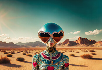 Space alien in tacky tourist in the desert - obrazy, fototapety, plakaty