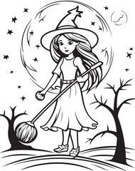 halloween witch hand drawn coloring page illustration
